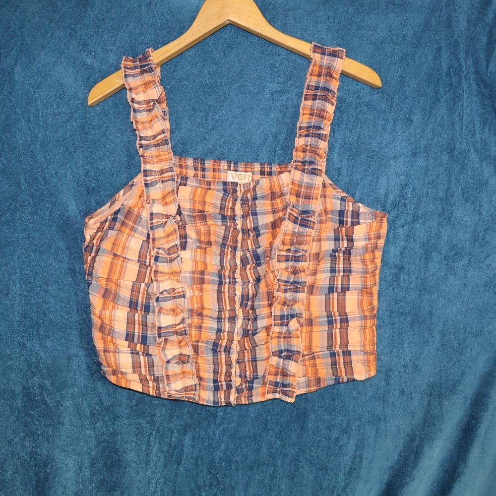 Vibrant Orange Plaid Ruffle Tank Top